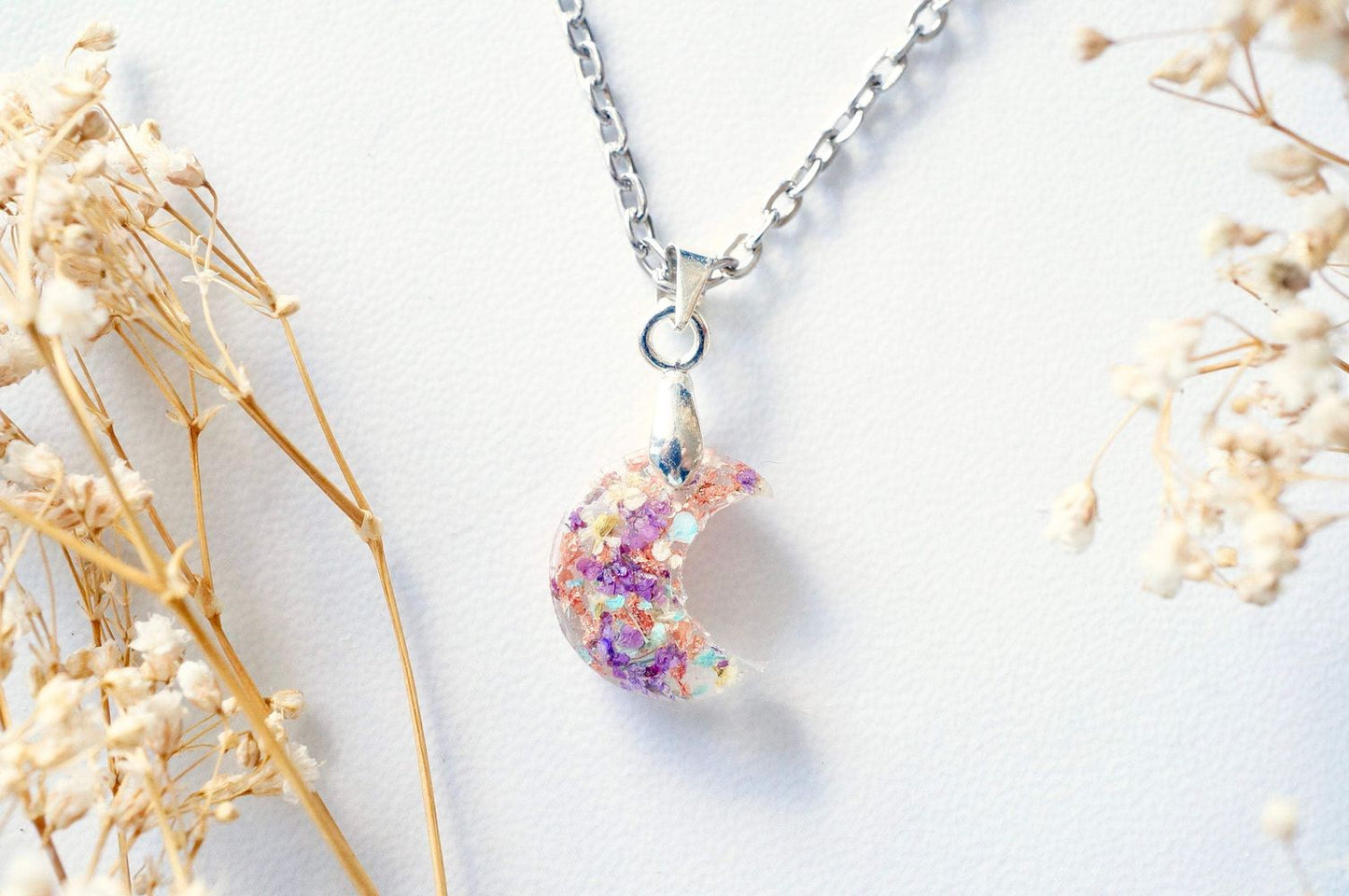 Real Pressed Flowers in Celestial Moon Resin Necklace - Purple Yellow Mint White with Rose Gold Flakes