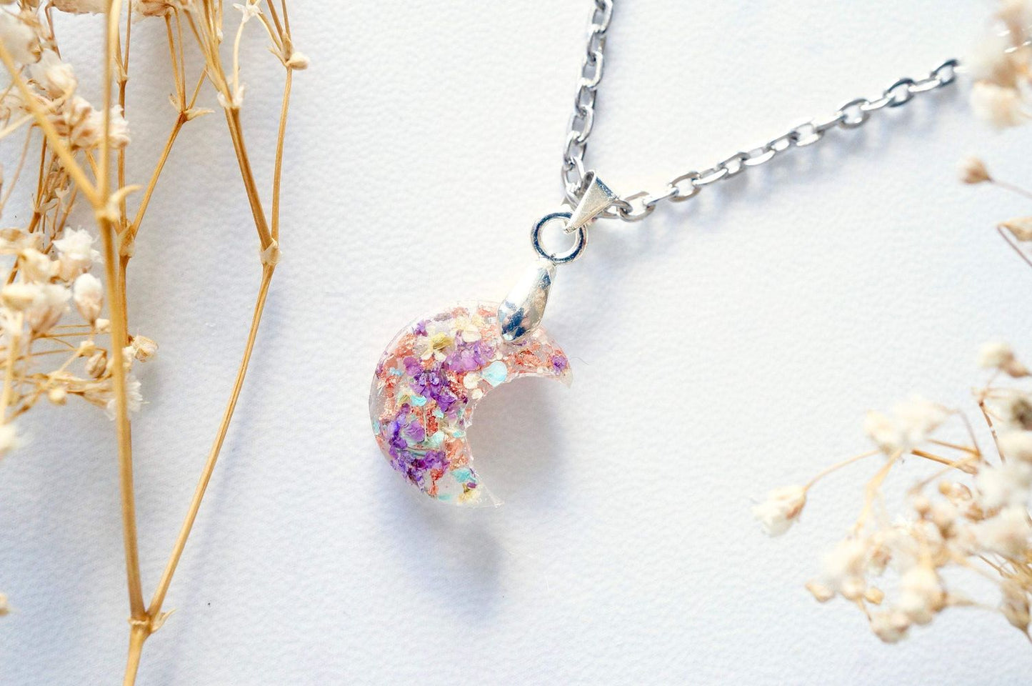 Real Pressed Flowers in Celestial Moon Resin Necklace - Purple Yellow Mint White with Rose Gold Flakes
