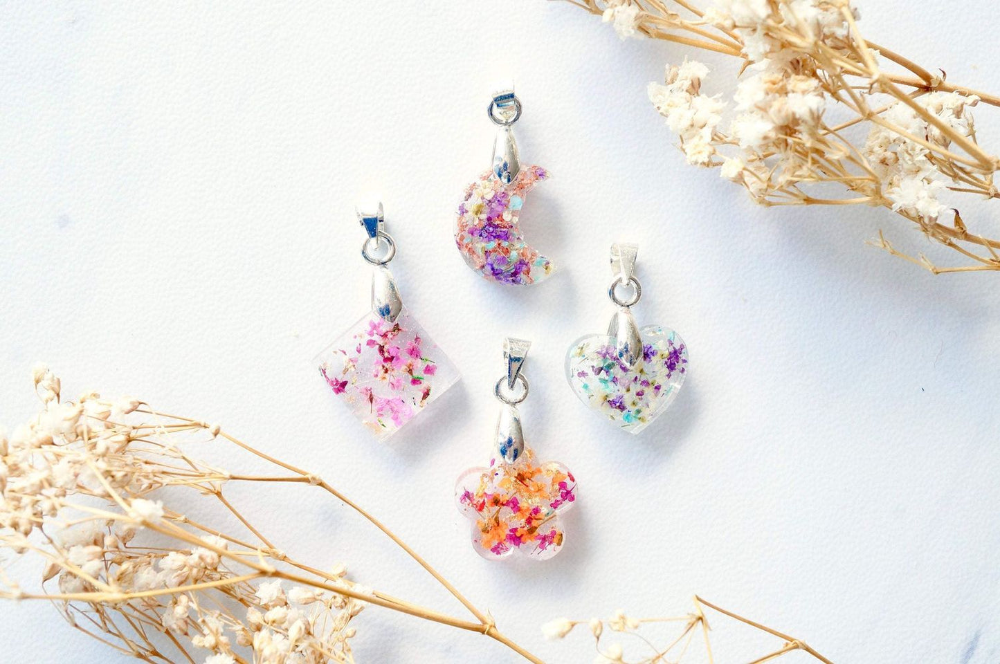 Real Pressed Flowers in Celestial Moon Resin Necklace - Purple Yellow Mint White with Rose Gold Flakes