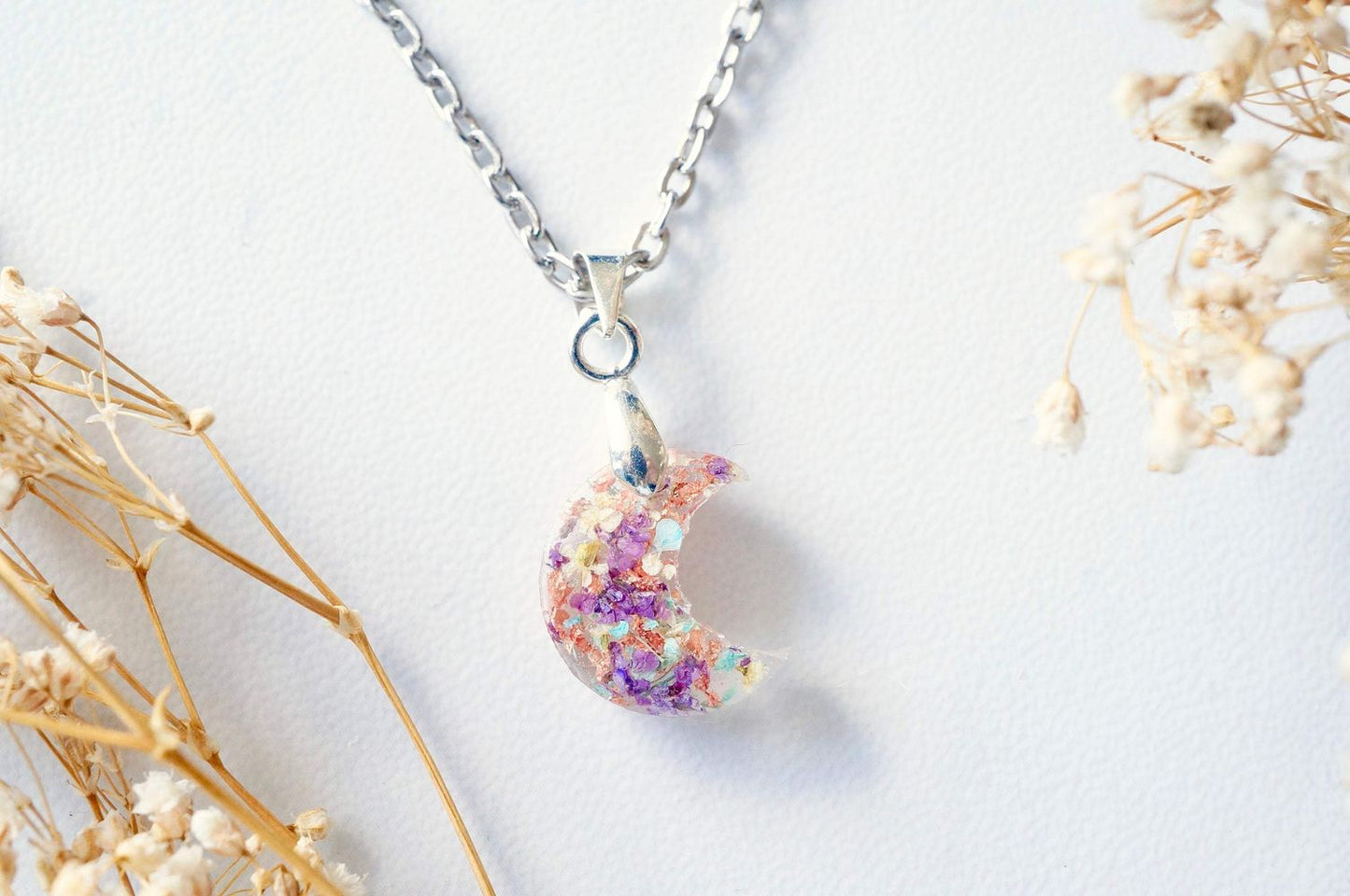 Real Pressed Flowers in Celestial Moon Resin Necklace - Purple Yellow Mint White with Rose Gold Flakes
